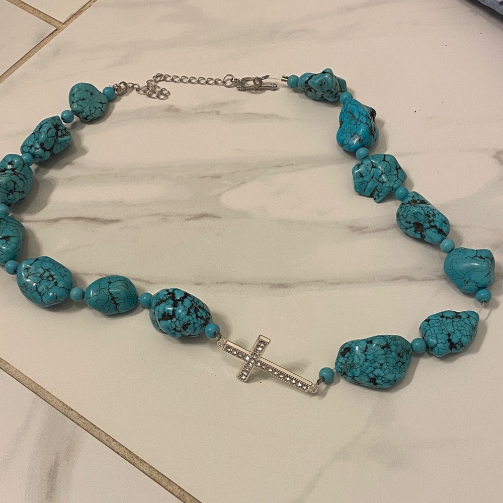 Turquoise Rhinestone Cross Necklace Western Jewerly Country Necklace Jesus
